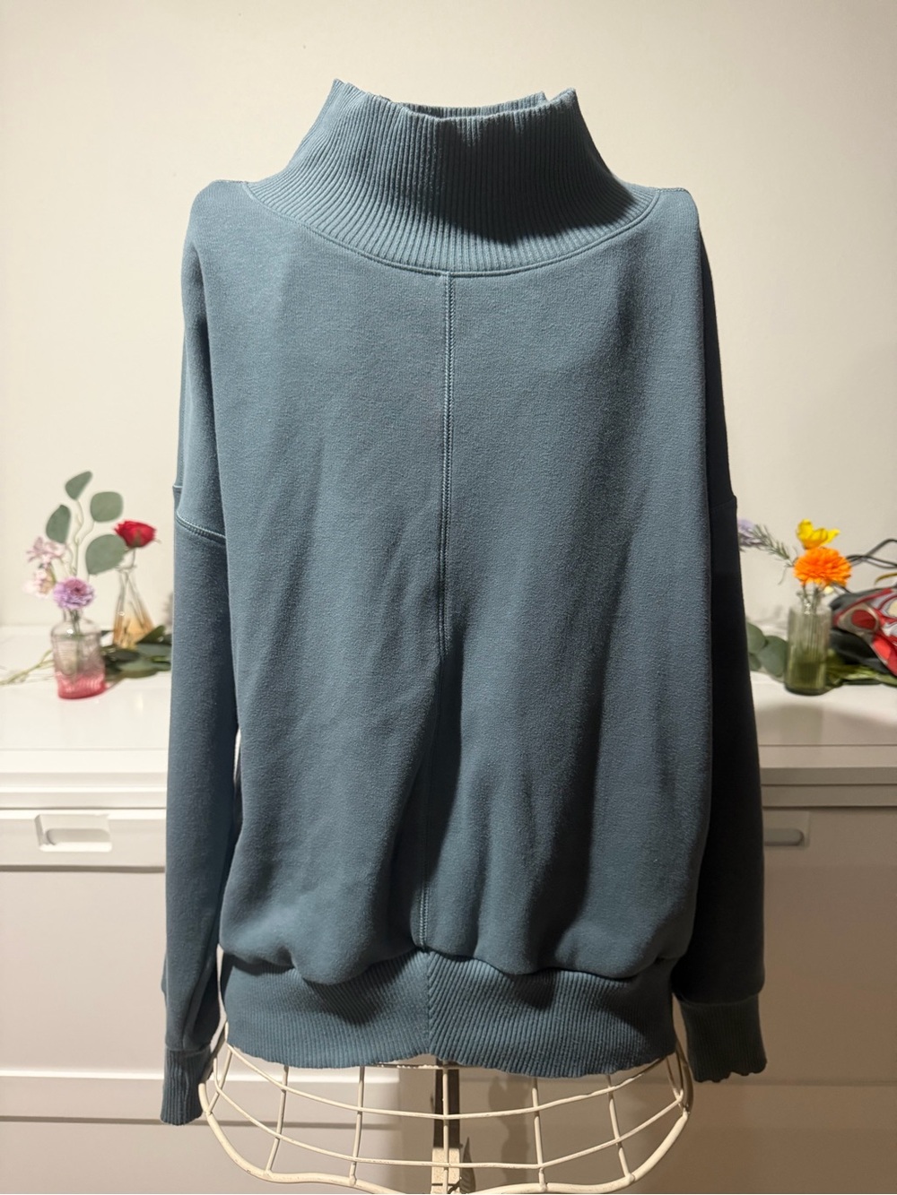 Apana Slate Blue/Teal Ribbed Funnel Neck Sweatshirt